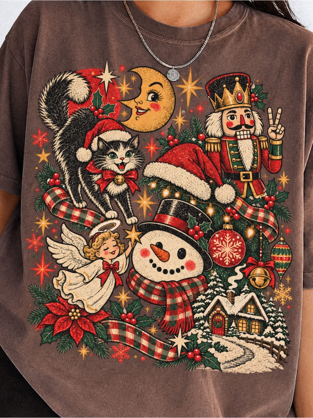 Comfort Colors 1717 Vintage Christmas Cat Snowman T-Shirt Brown NWT
